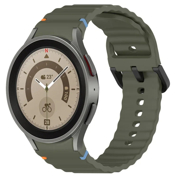สายซิลิโคนลายเกรนคลื่นเย็บพร้อมบัคเคิลสีดำ สำหรับ Samsung Galaxy Watch 5 40 / 44 มม., สำหรับ Samsung Galaxy Watch 5 Pro, สำหรับ Samsung Galaxy Watch 4 40 / 44 มม., สำหรับ Samsung Galaxy Watch 4 Classic 42 / 46 มม.