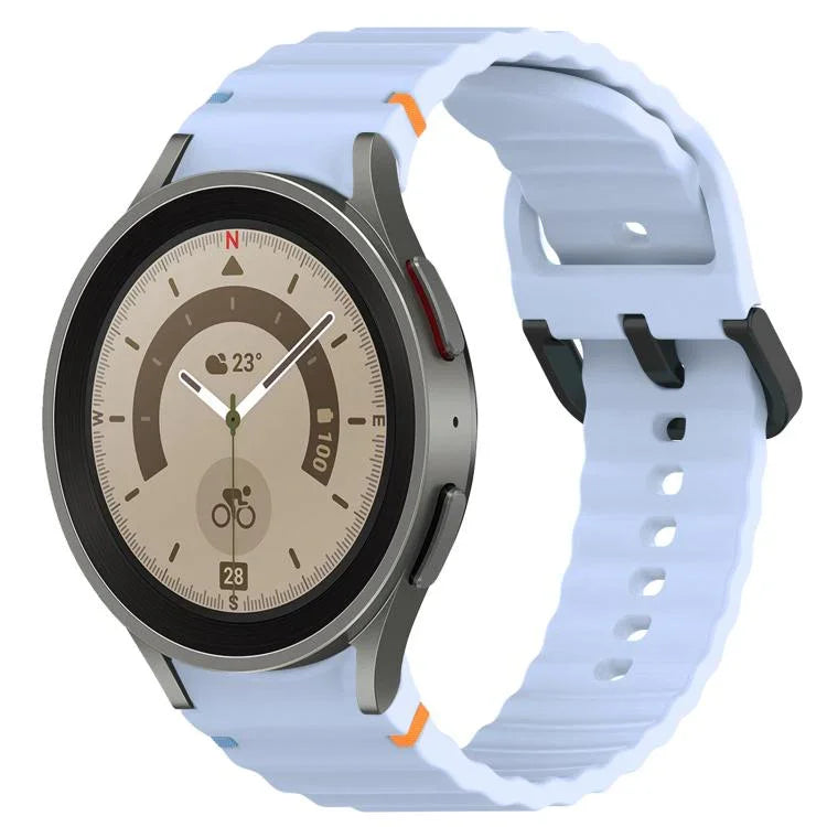 สายซิลิโคนลายเกรนคลื่นเย็บพร้อมบัคเคิลสีดำ สำหรับ Samsung Galaxy Watch 5 40 / 44 มม., สำหรับ Samsung Galaxy Watch 5 Pro, สำหรับ Samsung Galaxy Watch 4 40 / 44 มม., สำหรับ Samsung Galaxy Watch 4 Classic 42 / 46 มม.