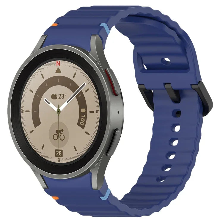 สายซิลิโคนลายเกรนคลื่นเย็บพร้อมบัคเคิลสีดำ สำหรับ Samsung Galaxy Watch 5 40 / 44 มม., สำหรับ Samsung Galaxy Watch 5 Pro, สำหรับ Samsung Galaxy Watch 4 40 / 44 มม., สำหรับ Samsung Galaxy Watch 4 Classic 42 / 46 มม.
