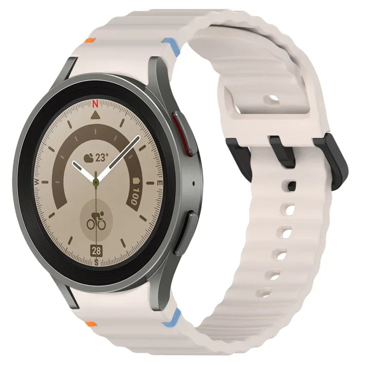 สายซิลิโคนลายเกรนคลื่นเย็บพร้อมบัคเคิลสีดำ สำหรับ Samsung Galaxy Watch 5 40 / 44 มม., สำหรับ Samsung Galaxy Watch 5 Pro, สำหรับ Samsung Galaxy Watch 4 40 / 44 มม., สำหรับ Samsung Galaxy Watch 4 Classic 42 / 46 มม.