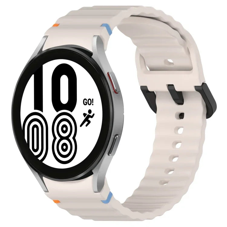สายซิลิโคนลายเกรนคลื่นเย็บพร้อมบัคเคิลสีดำ สำหรับ Samsung Galaxy Watch 5 40 / 44 มม., สำหรับ Samsung Galaxy Watch 5 Pro, สำหรับ Samsung Galaxy Watch 4 40 / 44 มม., สำหรับ Samsung Galaxy Watch 4 Classic 42 / 46 มม.