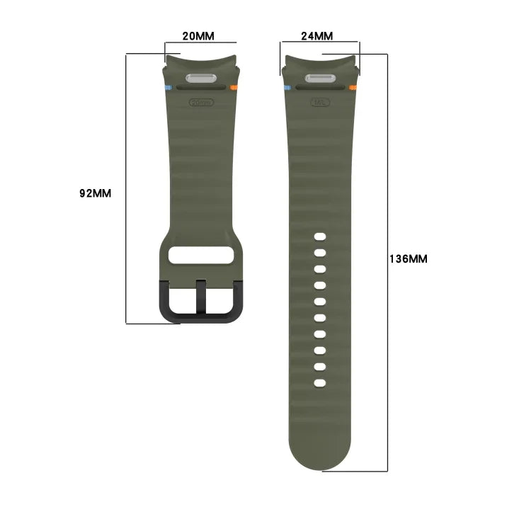 สายซิลิโคนลายเกรนคลื่นเย็บพร้อมบัคเคิลสีดำ สำหรับ Samsung Galaxy Watch 5 40 / 44 มม., สำหรับ Samsung Galaxy Watch 5 Pro, สำหรับ Samsung Galaxy Watch 4 40 / 44 มม., สำหรับ Samsung Galaxy Watch 4 Classic 42 / 46 มม.