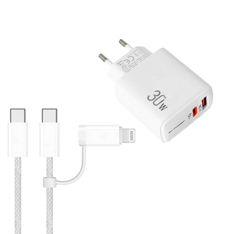 ที่ชาร์จ PD31 30W USB-C / Type-C + USB-A พร้อมสายข้อมูล 2-in-1 Type-C+8 Pin ปลั๊ก EU, ปลั๊ก EU + สายข้อมูล 2-in-1