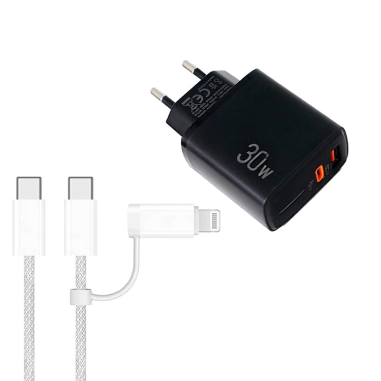ที่ชาร์จ PD31 30W USB-C / Type-C + USB-A พร้อมสายข้อมูล 2-in-1 Type-C+8 Pin ปลั๊ก EU, ปลั๊ก EU + สายข้อมูล 2-in-1