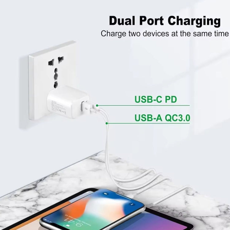 ที่ชาร์จ PD31 30W USB-C / Type-C + USB-A พร้อมสายข้อมูล 2-in-1 Type-C+8 Pin ปลั๊ก EU, ปลั๊ก EU + สายข้อมูล 2-in-1