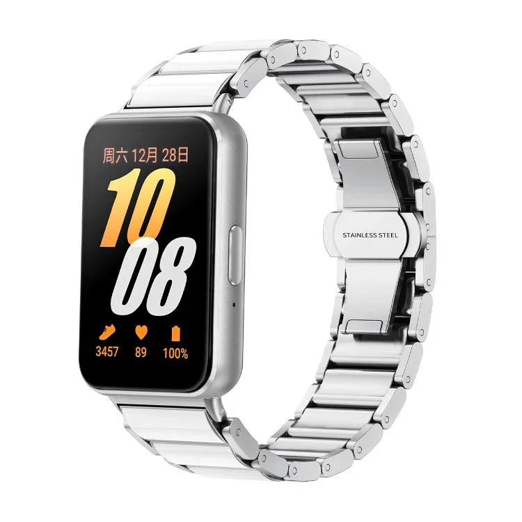 สายรัดนาฬิกาโลหะเซรามิกสีขาวหัวเข็มขัดผีเสื้อ สำหรับ Samsung Galaxy Fit 3