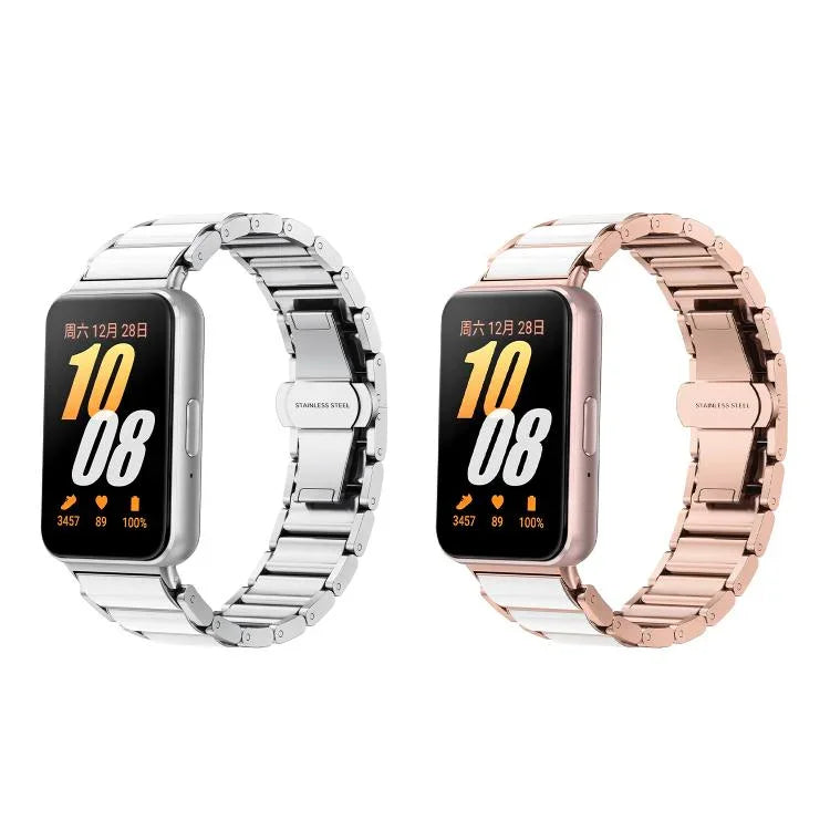 สายรัดนาฬิกาโลหะเซรามิกสีขาวหัวเข็มขัดผีเสื้อ สำหรับ Samsung Galaxy Fit 3