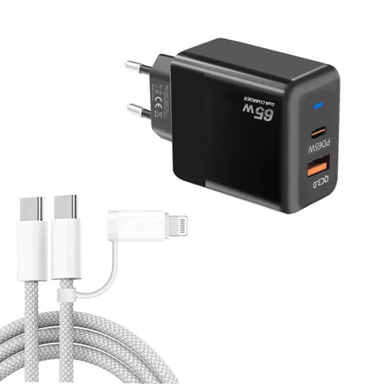 ที่ชาร์จ PD41 GaN PD 45W + USB พร้อมสายข้อมูล USB-C ถึง USB-C / 8 Pin สำหรับ iPhone ปลั๊ก EU, ปลั๊ก EU