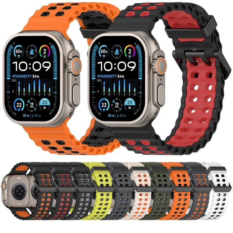 สายรัดนาฬิกาซิลิโคนสองสีรูสองแถวลายโอเชียน สำหรับ Apple Watch 46mm / 49mm / 45mm / 44mm