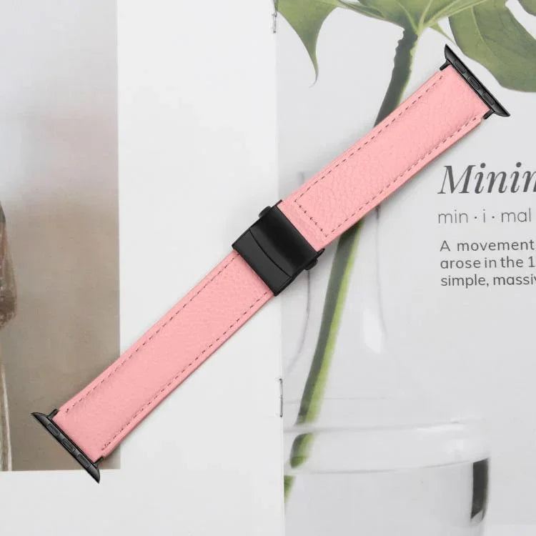 สายรัดนาฬิกาหนังหัวเข็มขัดหลังเต่าลายลิ้นจี่สีดำ สำหรับ Apple Watch ขนาด 46 มม. / 49 มม. / 45 มม. / 44 มม. สำหรับ Apple Watch ขนาด 42 มม. / 41 มม. / 40 มม. / 38 มม.