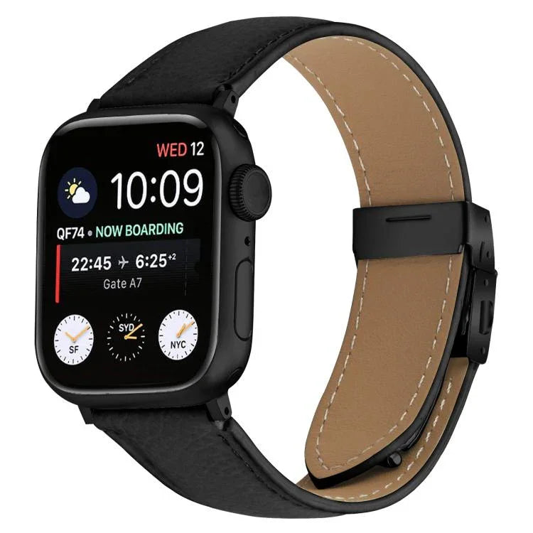 สายรัดนาฬิกาหนังหัวเข็มขัดหลังเต่าลายลิ้นจี่สีดำ สำหรับ Apple Watch ขนาด 46 มม. / 49 มม. / 45 มม. / 44 มม. สำหรับ Apple Watch ขนาด 42 มม. / 41 มม. / 40 มม. / 38 มม.