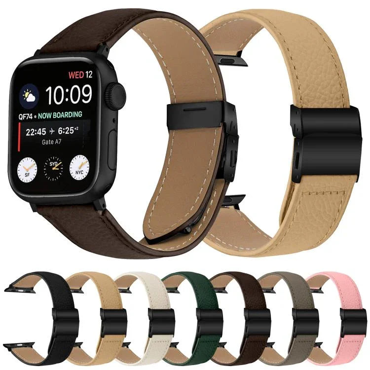 สายรัดนาฬิกาหนังหัวเข็มขัดหลังเต่าลายลิ้นจี่สีดำ สำหรับ Apple Watch ขนาด 46 มม. / 49 มม. / 45 มม. / 44 มม. สำหรับ Apple Watch ขนาด 42 มม. / 41 มม. / 40 มม. / 38 มม.