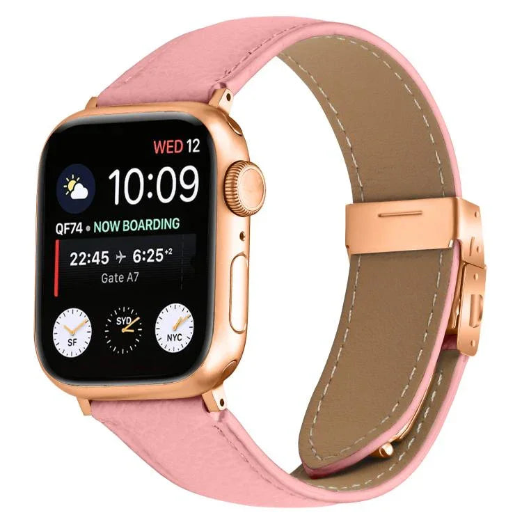 สายรัดนาฬิกาหนังหัวเข็มขัดหลังเต่าลายลิ้นจี่สีโรสโกลด์ สำหรับ Apple Watch ขนาด 46 มม. / 49 มม. / 45 มม. / 44 มม. สำหรับ Apple Watch ขนาด 42 มม. / 41 มม. / 40 มม. / 38 มม.
