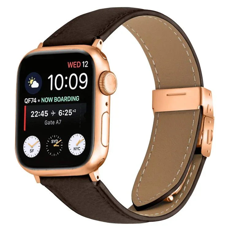 สายรัดนาฬิกาหนังหัวเข็มขัดหลังเต่าลายลิ้นจี่สีโรสโกลด์ สำหรับ Apple Watch ขนาด 46 มม. / 49 มม. / 45 มม. / 44 มม. สำหรับ Apple Watch ขนาด 42 มม. / 41 มม. / 40 มม. / 38 มม.