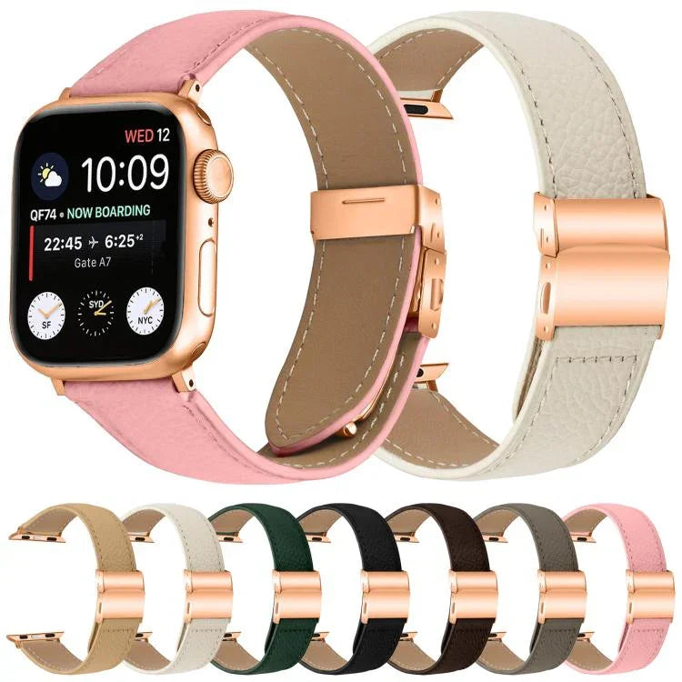สายรัดนาฬิกาหนังหัวเข็มขัดหลังเต่าลายลิ้นจี่สีโรสโกลด์ สำหรับ Apple Watch ขนาด 46 มม. / 49 มม. / 45 มม. / 44 มม. สำหรับ Apple Watch ขนาด 42 มม. / 41 มม. / 40 มม. / 38 มม.