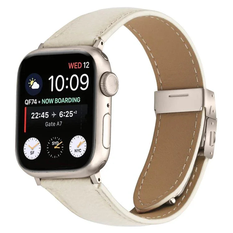 สายรัดนาฬิกาหนังหัวเข็มขัดหลังเต่าลายลิ้นจี่สีสตาร์ไลท์ สำหรับ Apple Watch ขนาด 46 มม. / 49 มม. / 45 มม. / 44 มม. สำหรับ Apple Watch ขนาด 42 มม. / 41 มม. / 40 มม. / 38 มม.