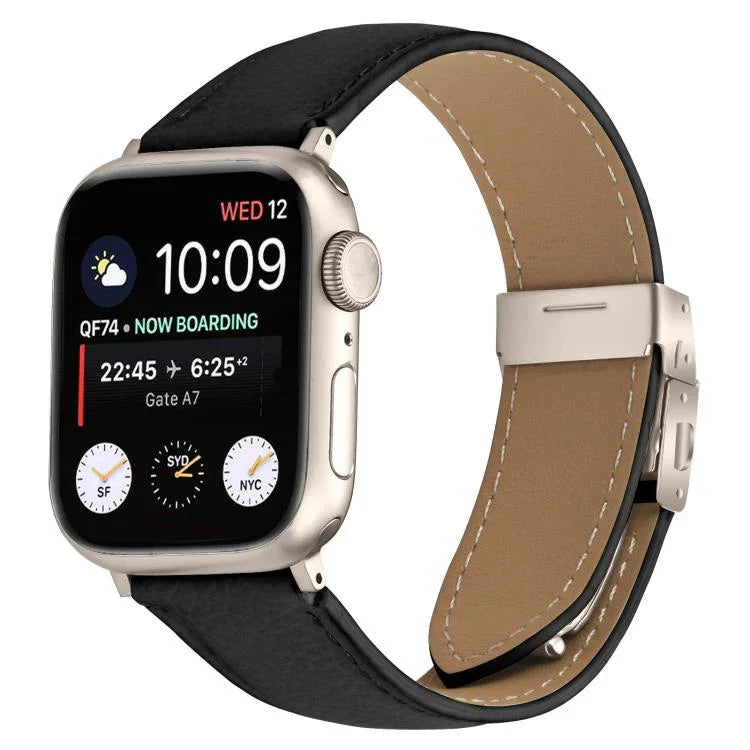 สายรัดนาฬิกาหนังหัวเข็มขัดหลังเต่าลายลิ้นจี่สีสตาร์ไลท์ สำหรับ Apple Watch ขนาด 46 มม. / 49 มม. / 45 มม. / 44 มม. สำหรับ Apple Watch ขนาด 42 มม. / 41 มม. / 40 มม. / 38 มม.