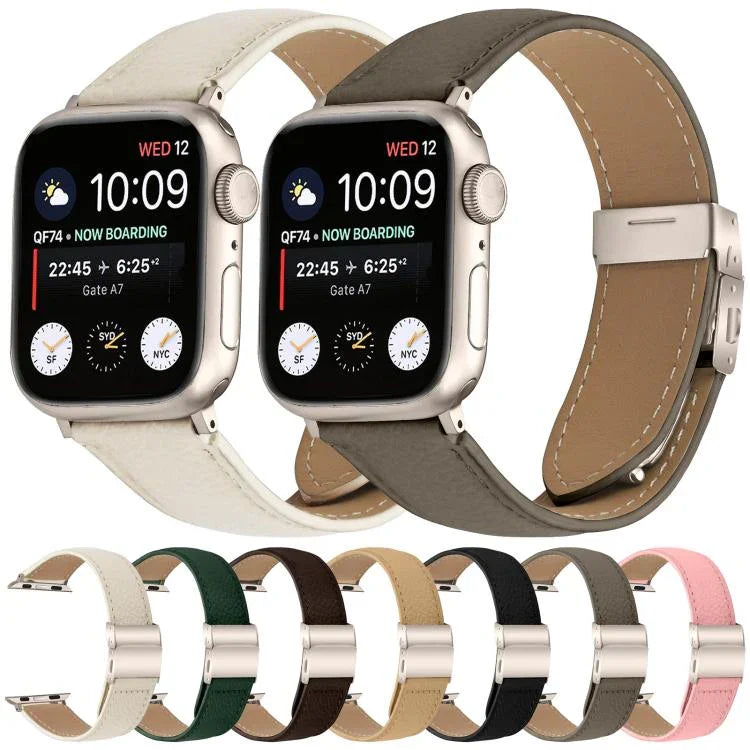 สายรัดนาฬิกาหนังหัวเข็มขัดหลังเต่าลายลิ้นจี่สีสตาร์ไลท์ สำหรับ Apple Watch ขนาด 46 มม. / 49 มม. / 45 มม. / 44 มม. สำหรับ Apple Watch ขนาด 42 มม. / 41 มม. / 40 มม. / 38 มม.