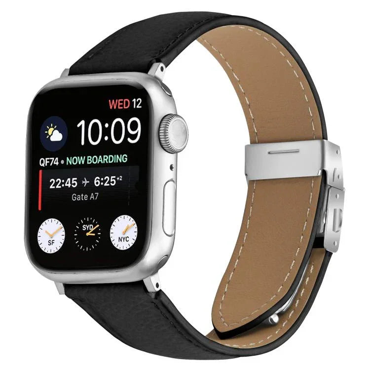 สายรัดนาฬิกาหนังหัวเข็มขัดหลังเต่าลายลิ้นจี่สีเงิน สำหรับ Apple Watch ขนาด 46 มม. / 49 มม. / 45 มม. / 44 มม. สำหรับ Apple Watch ขนาด 42 มม. / 41 มม. / 40 มม. / 38 มม.