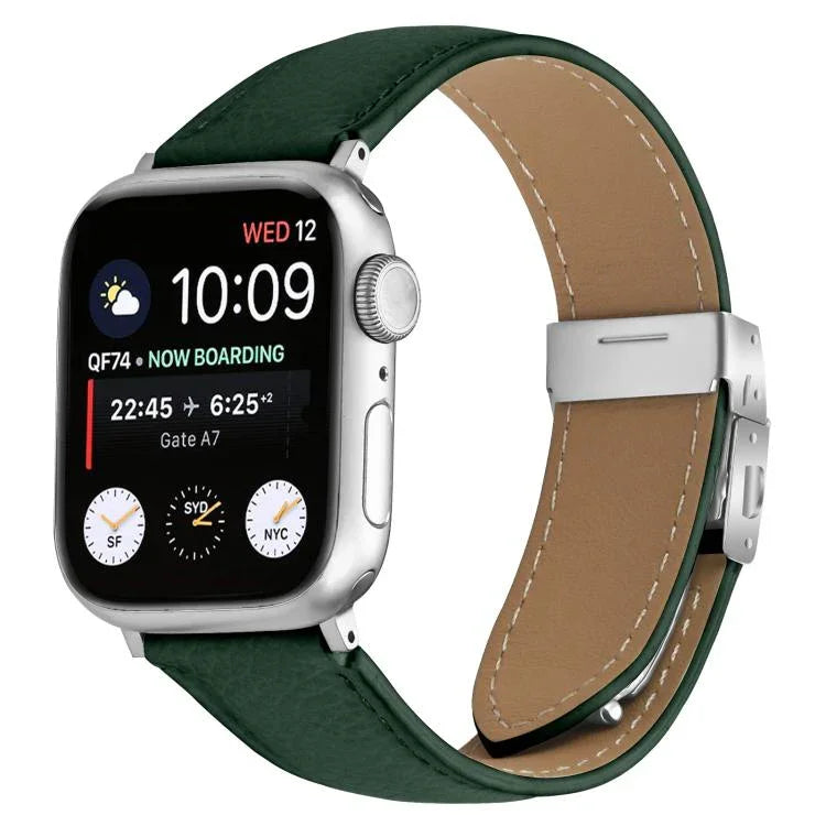 สายรัดนาฬิกาหนังหัวเข็มขัดหลังเต่าลายลิ้นจี่สีเงิน สำหรับ Apple Watch ขนาด 46 มม. / 49 มม. / 45 มม. / 44 มม. สำหรับ Apple Watch ขนาด 42 มม. / 41 มม. / 40 มม. / 38 มม.