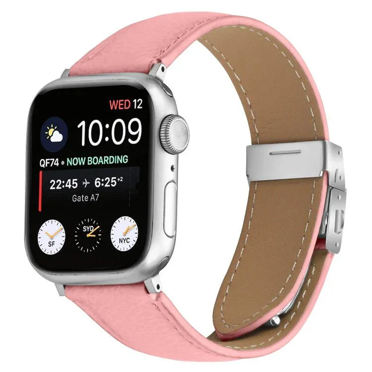 สายรัดนาฬิกาหนังหัวเข็มขัดหลังเต่าลายลิ้นจี่สีเงิน สำหรับ Apple Watch ขนาด 46 มม. / 49 มม. / 45 มม. / 44 มม. สำหรับ Apple Watch ขนาด 42 มม. / 41 มม. / 40 มม. / 38 มม.