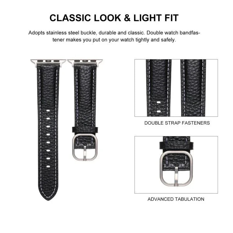 สายรัดนาฬิกาหนังแท้ลายลิทชี่หัวเข็มขัดสี่เหลี่ยม สำหรับ Apple Watch 46mm / 49mm / 45mm / 44mm, สำหรับ Apple Watch 42mm / 41mm / 40mm / 38mm