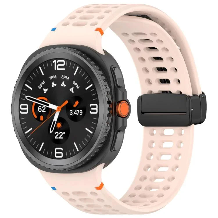 สายรัดนาฬิกาซิลิโคนเย็บระบายอากาศหัวเข็มขัดสีดำแม่เหล็ก สำหรับ Samsung Galaxy Watch8 / Watch8 Classic