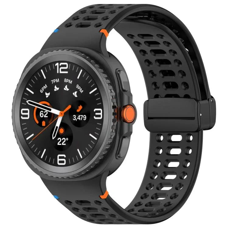 สายรัดนาฬิกาซิลิโคนเย็บระบายอากาศหัวเข็มขัดสีดำแม่เหล็ก สำหรับ Samsung Galaxy Watch8 / Watch8 Classic