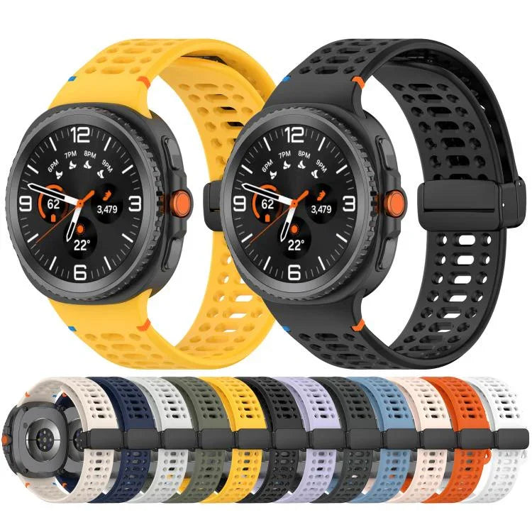 สายรัดนาฬิกาซิลิโคนเย็บระบายอากาศหัวเข็มขัดสีดำแม่เหล็ก สำหรับ Samsung Galaxy Watch8 / Watch8 Classic