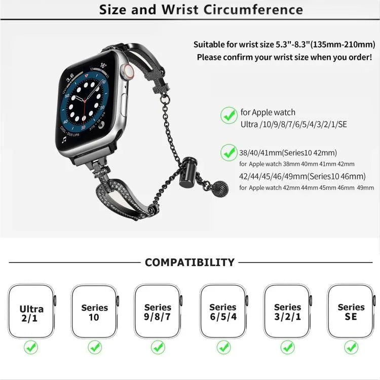 สายรัดนาฬิกาโลหะผสมสังกะสีแบบกำไลเพชรรูปตัวยู สำหรับ Apple Watch 46mm / 49mm / 45mm / 44mm, สำหรับ Apple Watch 42mm / 41mm / 40mm / 38mm