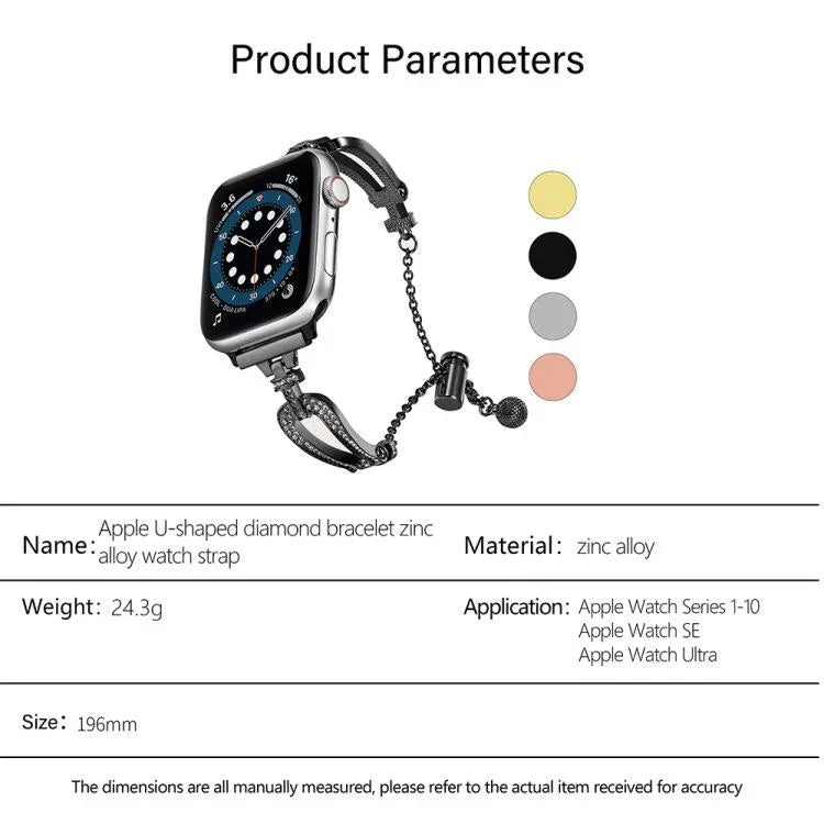 สายรัดนาฬิกาโลหะผสมสังกะสีแบบกำไลเพชรรูปตัวยู สำหรับ Apple Watch 46mm / 49mm / 45mm / 44mm, สำหรับ Apple Watch 42mm / 41mm / 40mm / 38mm