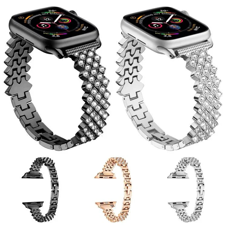 สายรัดนาฬิกาโลหะผสมสังกะสีลายเพชรรูปสี่เหลี่ยมขนมเปียกปูน สำหรับ Apple Watch 46mm / 49mm / 45mm / 44mm, สำหรับ Apple Watch 42mm / 41mm / 40mm / 38mm