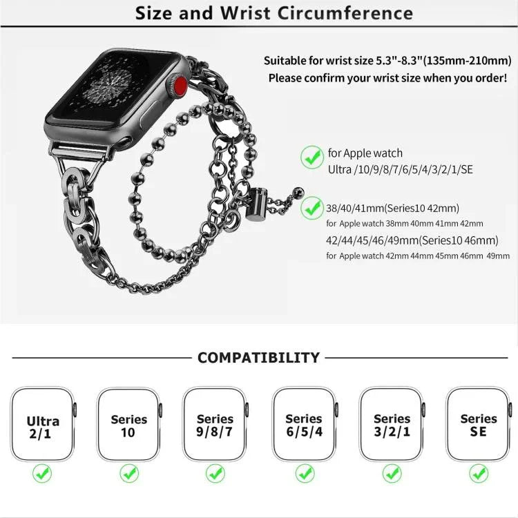 สายรัดนาฬิกาโลหะผสมสังกะสีแบบลูกปัดวงกลมคู่ สำหรับ Apple Watch 46mm / 49mm / 45mm / 44mm, สำหรับ Apple Watch 42mm / 41mm / 40mm / 38mm