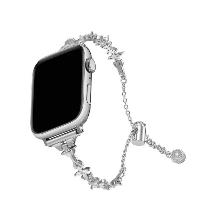 สายรัดนาฬิกาโลหะผสมสังกะสีรูปใบโคลเวอร์สี่แฉกประดับเพชร สำหรับ Apple Watch 46 มม. / 49 มม. / 45 มม. / 44 มม. สำหรับ Apple Watch 42 มม. / 41 มม. / 40 มม. / 38 มม.