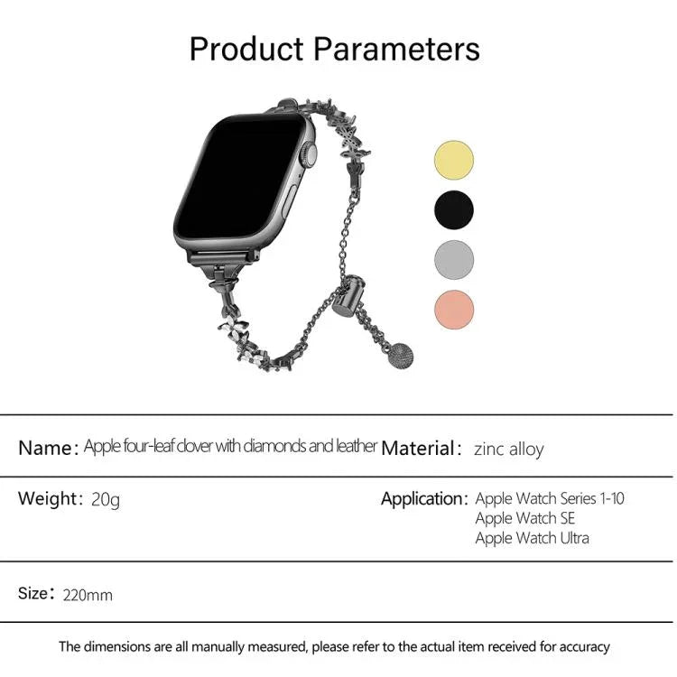 สายรัดนาฬิกาโลหะผสมสังกะสีรูปใบโคลเวอร์สี่แฉกประดับเพชร สำหรับ Apple Watch 46 มม. / 49 มม. / 45 มม. / 44 มม. สำหรับ Apple Watch 42 มม. / 41 มม. / 40 มม. / 38 มม.