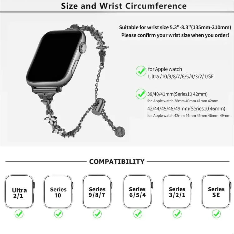สายรัดนาฬิกาโลหะผสมสังกะสีรูปใบโคลเวอร์สี่แฉกประดับเพชร สำหรับ Apple Watch 46 มม. / 49 มม. / 45 มม. / 44 มม. สำหรับ Apple Watch 42 มม. / 41 มม. / 40 มม. / 38 มม.