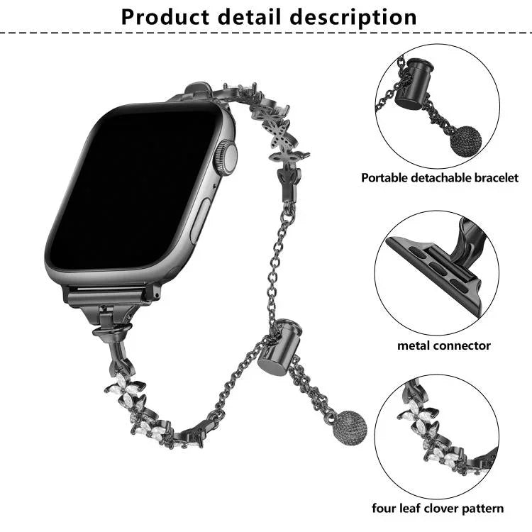 สายรัดนาฬิกาโลหะผสมสังกะสีรูปใบโคลเวอร์สี่แฉกประดับเพชร สำหรับ Apple Watch 46 มม. / 49 มม. / 45 มม. / 44 มม. สำหรับ Apple Watch 42 มม. / 41 มม. / 40 มม. / 38 มม.