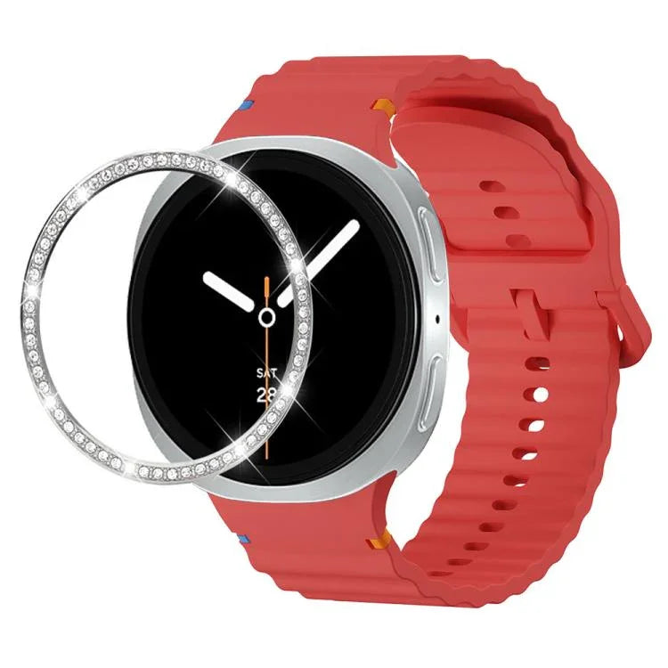 สายรัดนาฬิกาซิลิโคนขอบเพชรพร้อมหัวเข็มขัดสีเย็บลายคลื่น สำหรับ Samsung Galaxy Watch8 44 มม. และ 40 มม.