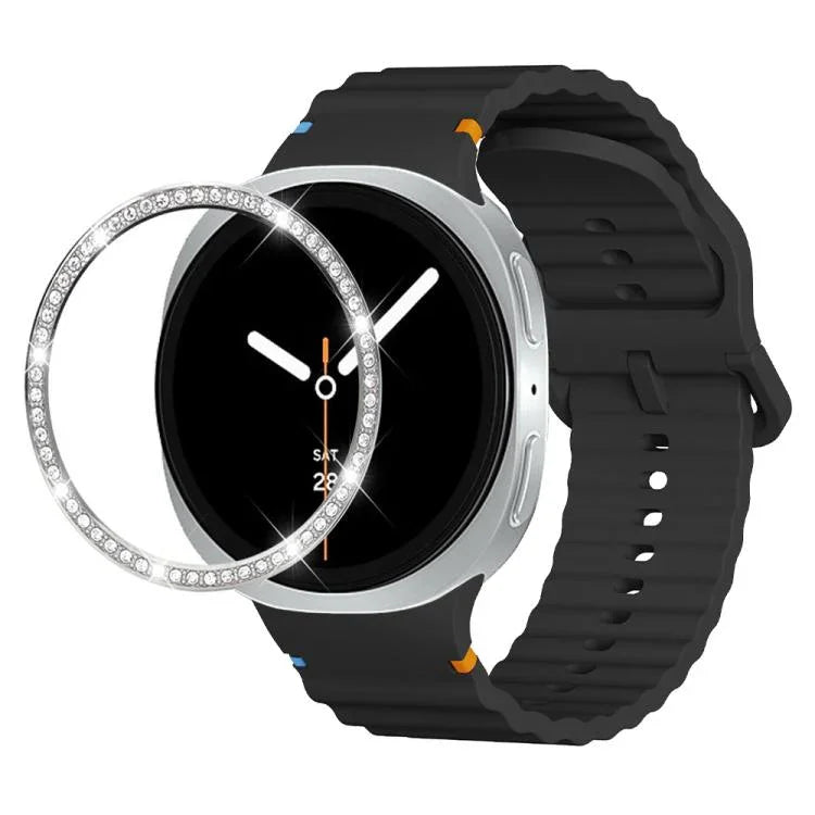 สายรัดนาฬิกาซิลิโคนขอบเพชรพร้อมหัวเข็มขัดสีเย็บลายคลื่น สำหรับ Samsung Galaxy Watch8 44 มม. และ 40 มม.