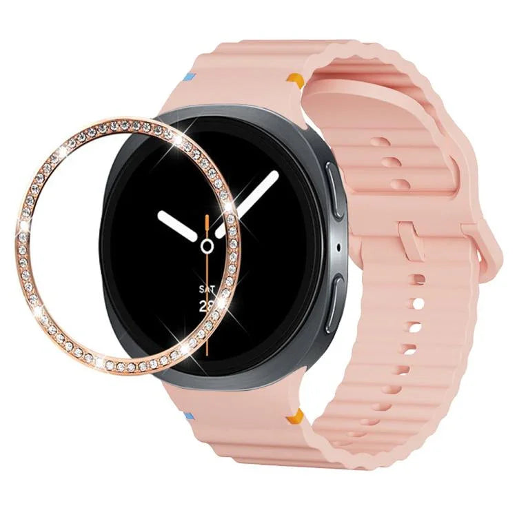 สายรัดนาฬิกาซิลิโคนขอบเพชรพร้อมหัวเข็มขัดสีเย็บลายคลื่น สำหรับ Samsung Galaxy Watch8 44 มม. และ 40 มม.
