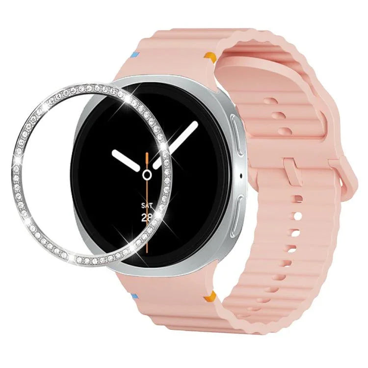 สายรัดนาฬิกาซิลิโคนขอบเพชรพร้อมหัวเข็มขัดสีเย็บลายคลื่น สำหรับ Samsung Galaxy Watch8 44 มม. และ 40 มม.