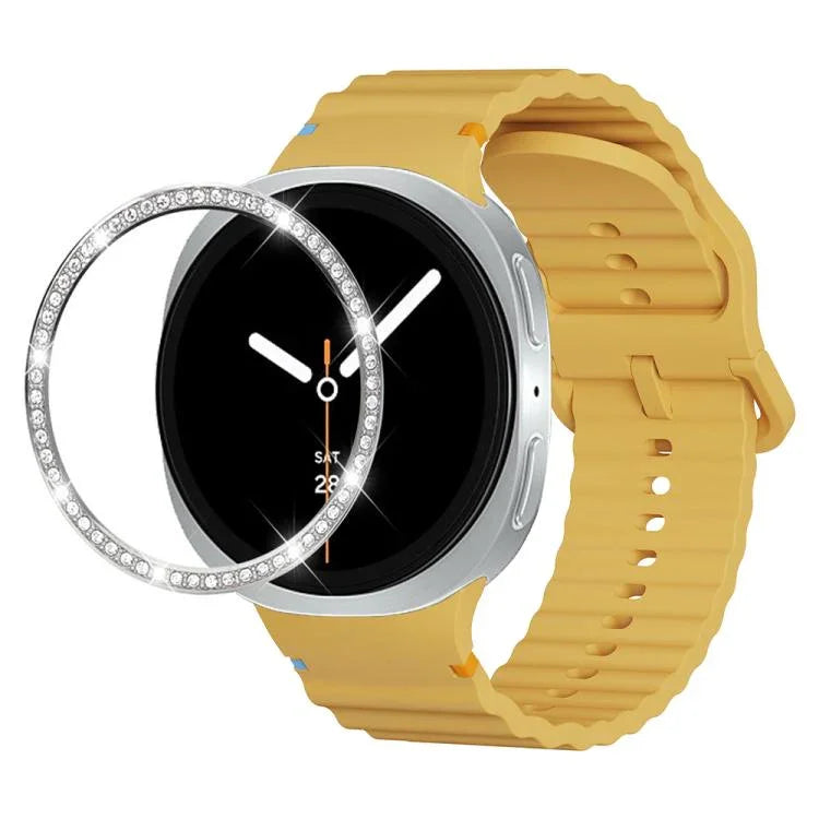 สายรัดนาฬิกาซิลิโคนขอบเพชรพร้อมหัวเข็มขัดสีเย็บลายคลื่น สำหรับ Samsung Galaxy Watch8 44 มม. และ 40 มม.
