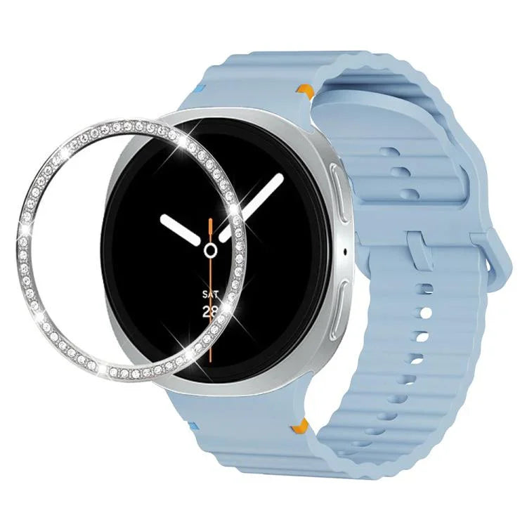 สายรัดนาฬิกาซิลิโคนขอบเพชรพร้อมหัวเข็มขัดสีเย็บลายคลื่น สำหรับ Samsung Galaxy Watch8 44 มม. และ 40 มม.