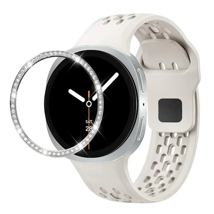สายรัดนาฬิกาซิลิโคนขอบเพชรพร้อมหัวเข็มขัดสีดำ สำหรับ Samsung Galaxy Watch8 44 มม. และ 40 มม.