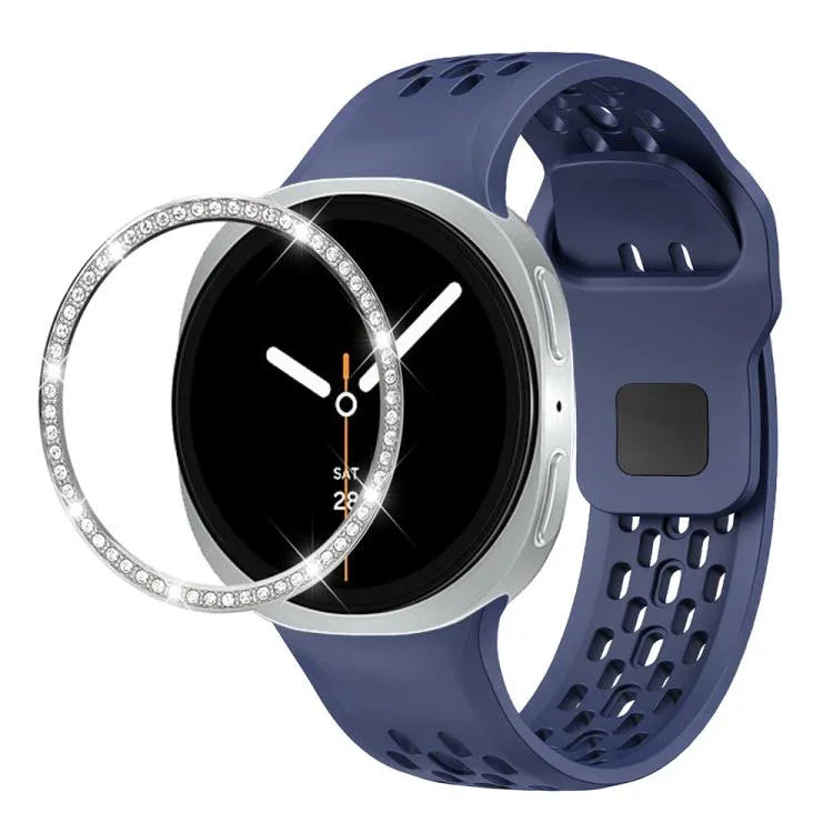 สายรัดนาฬิกาซิลิโคนขอบเพชรพร้อมหัวเข็มขัดสีดำ สำหรับ Samsung Galaxy Watch8 44 มม. และ 40 มม.