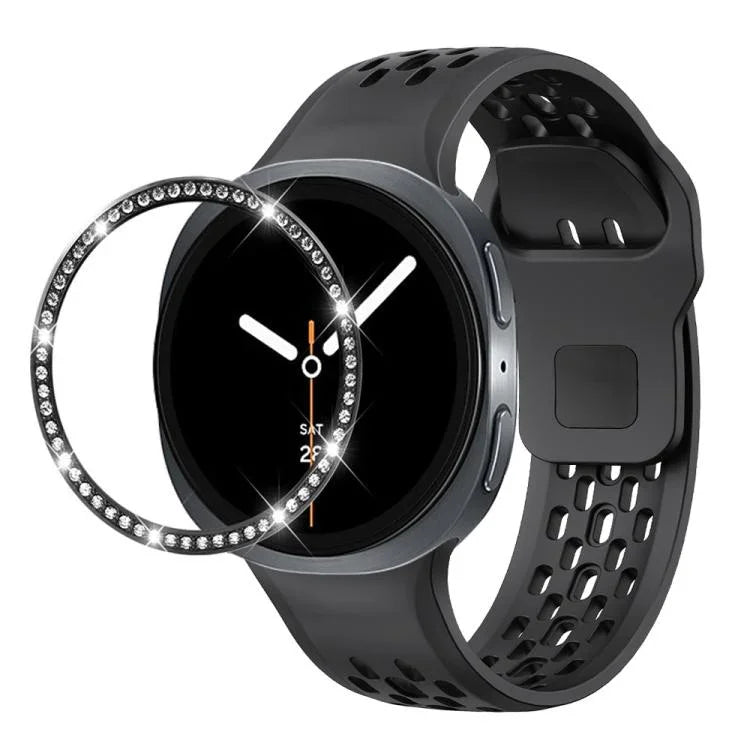 สายรัดนาฬิกาซิลิโคนขอบเพชรพร้อมหัวเข็มขัดสีดำ สำหรับ Samsung Galaxy Watch8 44 มม. และ 40 มม.