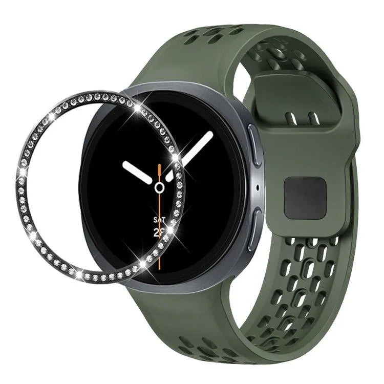 สายรัดนาฬิกาซิลิโคนขอบเพชรพร้อมหัวเข็มขัดสีดำ สำหรับ Samsung Galaxy Watch8 44 มม. และ 40 มม.