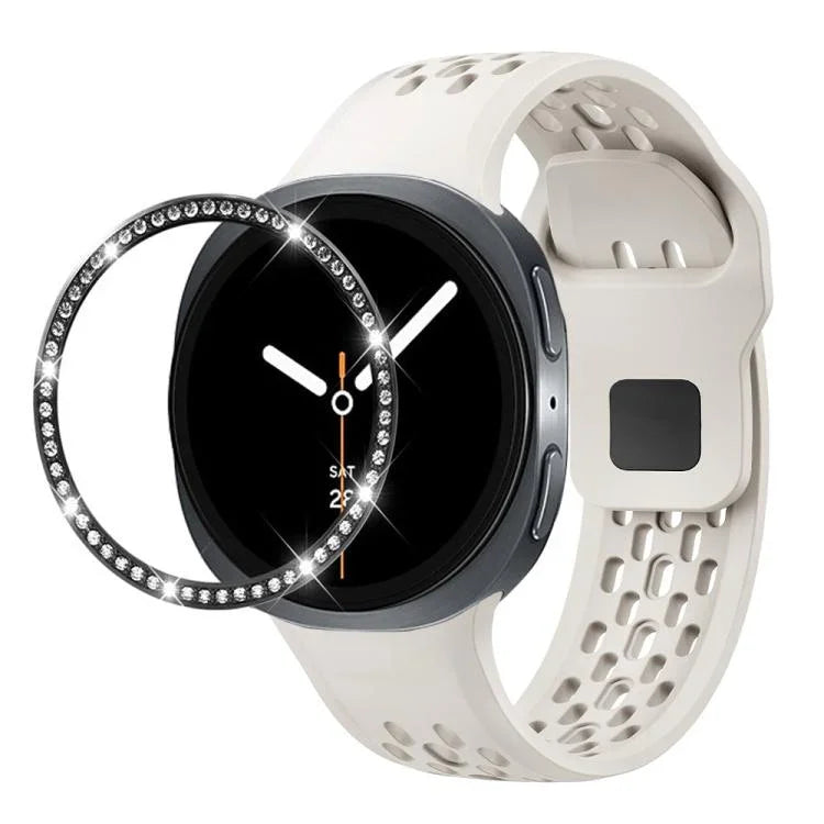 สายรัดนาฬิกาซิลิโคนขอบเพชรพร้อมหัวเข็มขัดสีดำ สำหรับ Samsung Galaxy Watch8 44 มม. และ 40 มม.