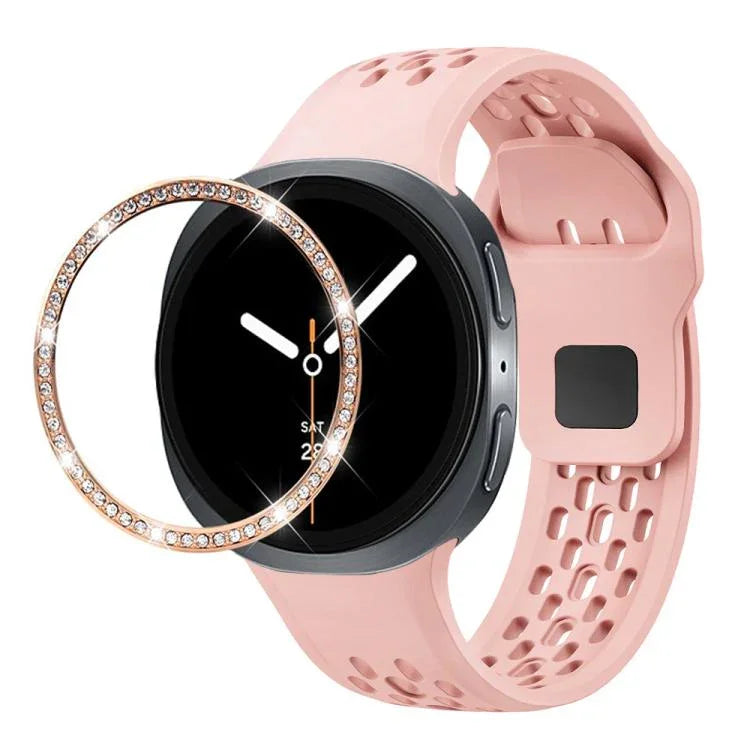 สายรัดนาฬิกาซิลิโคนขอบเพชรพร้อมหัวเข็มขัดสีดำ สำหรับ Samsung Galaxy Watch8 44 มม. และ 40 มม.