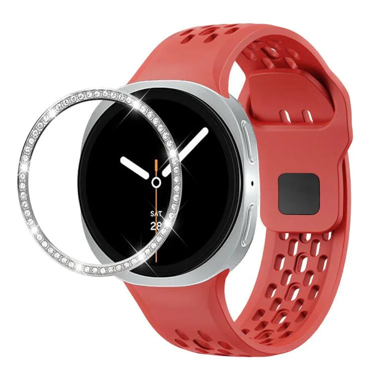 สายรัดนาฬิกาซิลิโคนขอบเพชรพร้อมหัวเข็มขัดสีดำ สำหรับ Samsung Galaxy Watch8 44 มม. และ 40 มม.